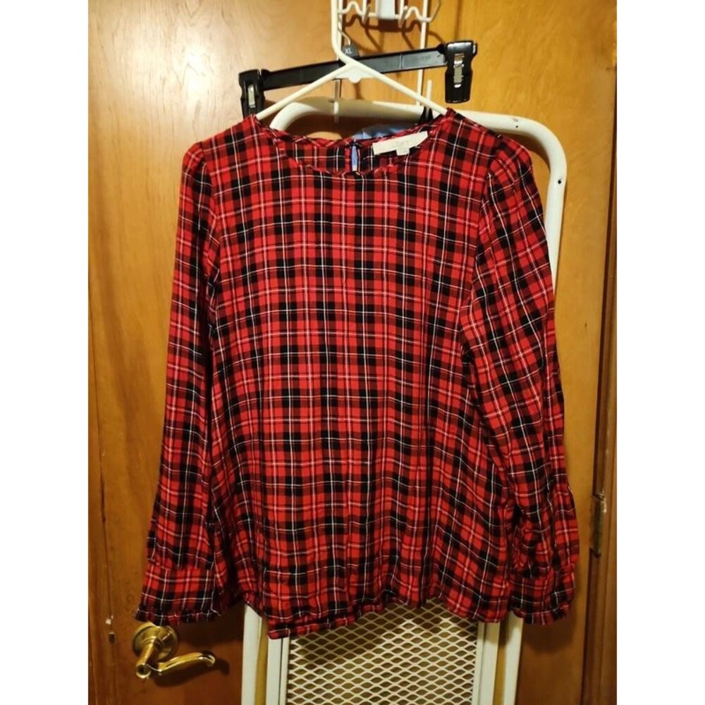 Loft Plaid Keyhole Back Relaxed Blouse Red Size S